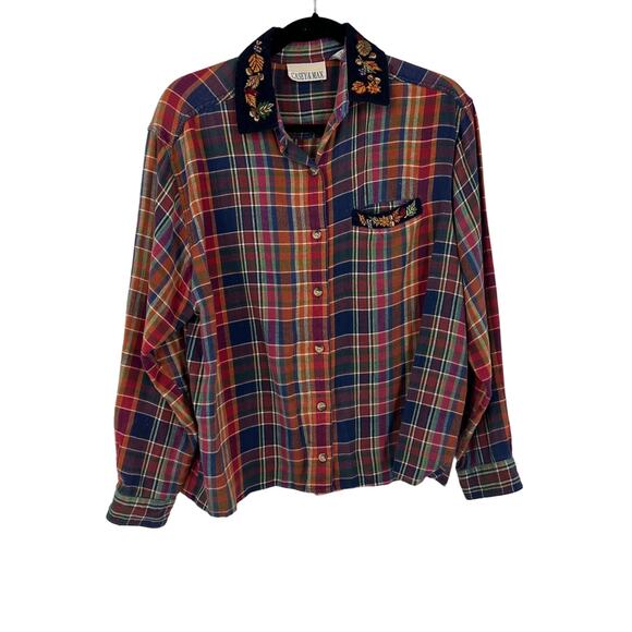 Vintage Tops - VTG Casey & Max Plaid Flannel Blouse Velvet Collar Embroidered Fall Womens Large